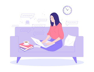 Beautiful cartoon flat girl sitting at a laptop in the room. Vector illustration modern style.