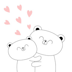 Bear couple. Hugging family. Hug, embrace, cuddle. White contour silhouette. Cute kawaii funny cartoon character. Happy Valentines day. Pink hearts. Greeting card. Grizzly baby. Flat design.