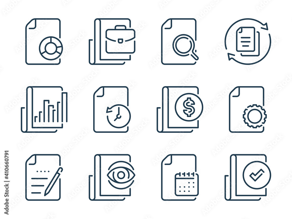 Poster report, business document and research list related vector line icons. documentation and file manage