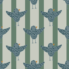Contoured dashes birds ornament seamless pattern in doodle style. Striped grey and green background.
