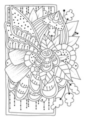Coloring page for children and adults. Raster illustration with abstract flowers. Black-white background for coloring, printing on fabric or paper.
