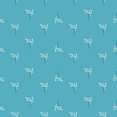 Abstract nature seamless pattern with light leaf branches ornament. Blue bright background. Little print.