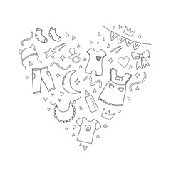 Children doodle elements in heart shape isolated on a white background in doodle style or in line style. Hand-drawn ielements for a children's card, poster, store, or social media design.  