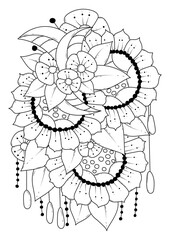 Coloring page for children and adults. Raster illustration with abstract flowers. Black-white background for coloring, printing on fabric or paper.