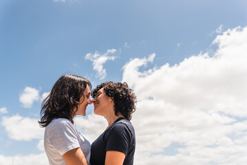 Happy Lesbian Couple Kissing Portrait