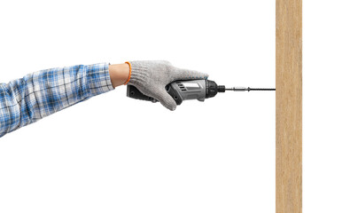 holds a construction tool - battery screwdriver and screwed self-tapping screw in wooden bar