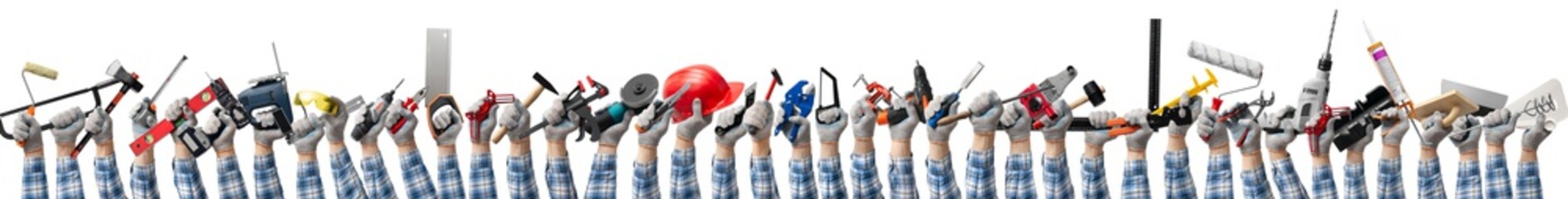 group of hands holds a construction tools for woodworking, construction and repair