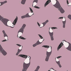 Random seamless funny kids pattern with zoo toucan bird ornament. Pastel purple palette. Exotic animal print.