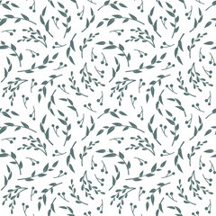 Floral vector seamless pattern. Dusty green leaves on white background. Abstract floral pattern. Vector illustration. Simple design for fabric, wallpaper, scrapbooking, textile, wrapping paper