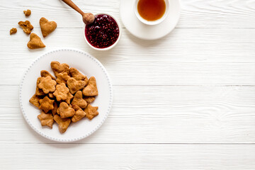Homemade biscuits with tea, overhead view