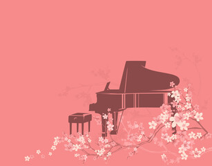 concert grand piano and empty pianist bench among blooming sakura tree branches - classical musical instrument ready for spring season outdoor performance vector copy space background