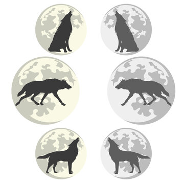 lone wolf silhouette against full moon disk - vector outline set of running, sitting and standing howling animal in color and monochrome