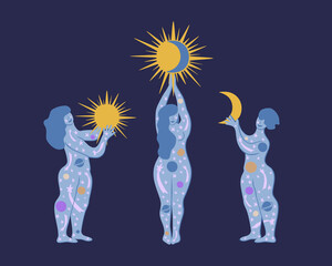 Vector illustration with three blue women holding sun and moon and colored stars and planets. Trendy female print design, decoration poster, card, festival invitation, banner