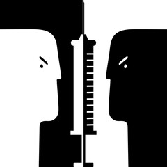 Silhouette symbol. syringe and two opposing views. Concept of anti vaccination and antivaxxers. Stop vaccine. Dilemma, controversy, pros and cons. of immunization.