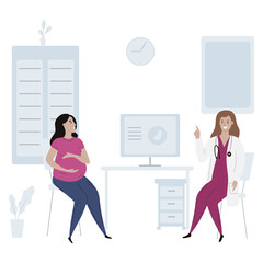 Cartoon illustration pregnant caucasion woman and white doctor.