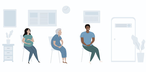 Patients diverse people in doctors waiting room vector illustration. Cartoon flat pregnant woman, black man , old woman characters sit and wait for doctoral appointment in the waiting room. Medical