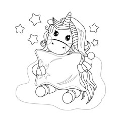 Outline, contour of a cute unicorn in pajamas and a cap hugs a pillow. Vector illustration on white background