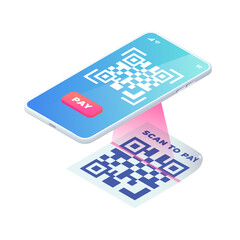 Scan QR code on smartphone screen. 3d Scanning barcode concept, QR pay isometric vector. Online contactless payment with electronic pay, Digital mobile phone cashless payment