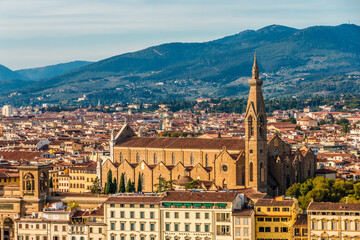 Fototapeta na wymiar Beautiful panoramic view overlooking the famous Basilica di Santa Croce, also known as the Temple of the Italian Glories (Tempio dell'Itale Glorie) in Florence; seen from Piazzale Michelangelo.