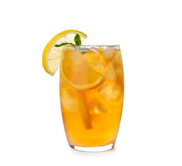 Delicious iced tea in glass on white background