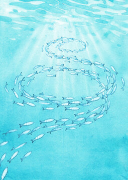 Watercolor Swirling School Of Fish Under The Rippled Ocean Water Surface