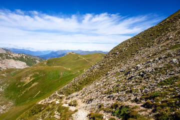 Mountain landscape and Mone Pass in Pralognan la Vanoise, French alps
