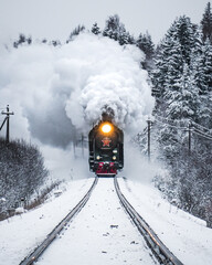 Vertical shot of a train emitting smoke in the forest in the winter © Georgii Vikhrev/Wirestock