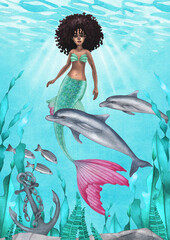 Watercolor african mermaid swimming under the ocean surface among the dolphins