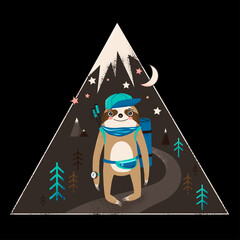 Sloth in the mountains. Backpacker animal, traveler, brave. Trekking, hiking, climbing. Adventures, In The Wild. Nature. Traveling life. Happy, funny cartoon character, animal. Vector sloth bear © DashaKurinna
