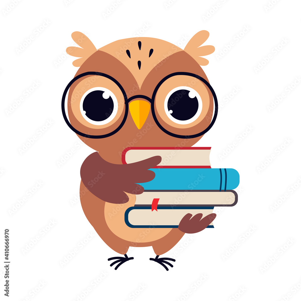 Sticker wise brown owl, cute bird teacher cartoon character with stack of books vector illustration