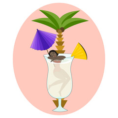 A woman in a glass with a Pina Colada cocktail