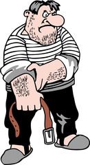 A stern, serious man holds a belt in his hands. Formidable father, hand-drawn, isolated on white background. Flat infographics. Vector illustration in cartoon style..