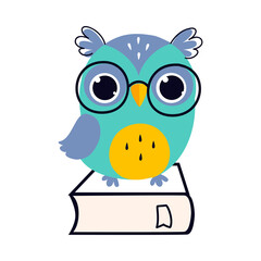 Wise Owl in Glasses Sitting on Book, Cute Bird Teacher Cartoon Character Vector Illustration