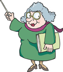 A teacher with glasses holds a class magazine in her hand and points with a pointer. Hand-drawn female teacher isolated on white background. Flat infographics. Vector illustration in cartoon style.