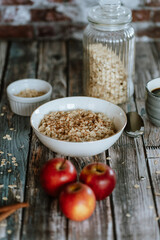 A porridge bowl with apples and cinnamon, food still life, healthy breakfast