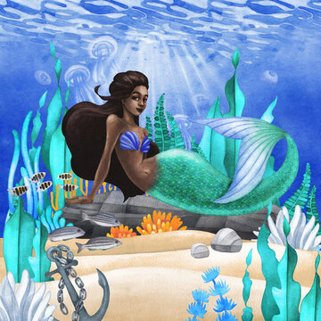 Watercolor african mermaid lies on the stone at the ocean sandy bottom among the coral reef plants and fish