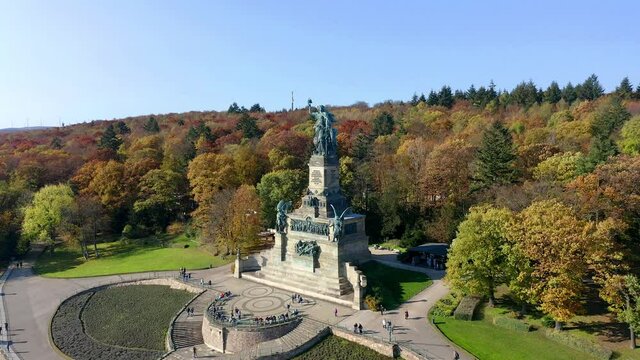 Aerial view, flight at Niederwald monument in autumnal vineyards, UNESCO World Heritage Site, R&uuml;desheim, Upper Middle Rhine Valley, Hesse, Germany,