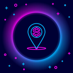 Fototapeta premium Glowing neon line Cash location pin icon isolated on black background. Pointer and dollar symbol. Money location. Business and investment concept. Colorful outline concept. Vector.