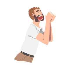 Obraz premium Bearded Man Character Holding Hand Near Mouth and Shouting or Screaming Loud to the Side Vector Illustration