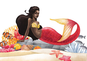 Watercolor african mermaid lies on the stone at the ocean sandy bottom among the coral reef plants and fish