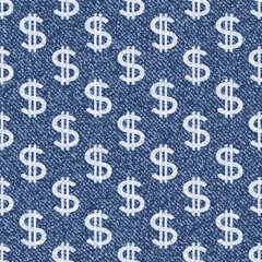 Vector Money symbols. Denim Seamless pattern. Jeans background with Dollar sign. Blue jeans cloth background.
