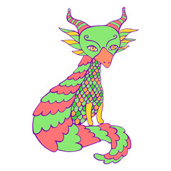 Dragon bright colorful fantasy cartoon character, sitting with a beautiful coiled tail, isolated on white background.