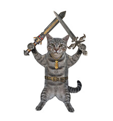 A gray cat warrior holds crossed swords. White background. Isolated.