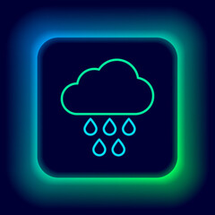 Glowing neon line Cloud with rain icon isolated on black background. Rain cloud precipitation with rain drops. Colorful outline concept. Vector.