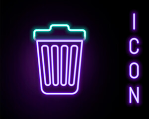 Glowing neon line Trash can icon isolated on black background. Garbage bin sign. Colorful outline concept. Vector.