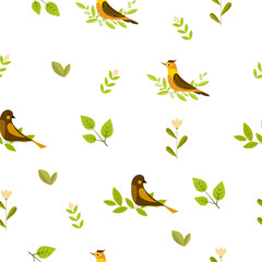 Fototapeta premium Pattern with cute birds and flowers. Little birds, seamless pattern. Vector illustration.