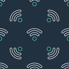 Line Wi-Fi wireless internet network symbol icon isolated seamless pattern on black background. Vector.