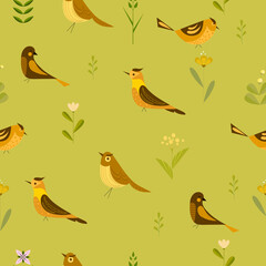 Pattern with cute birds and flowers. Little birds, seamless pattern. Vector illustration.