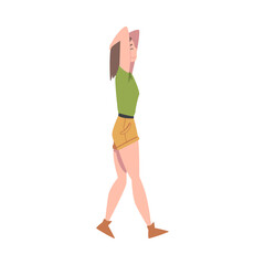 Woman Character in Shorts Going or Walking Taking Steps Forward Side View Vector Illustration
