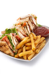 Club sandwich and French fries isolated on white background